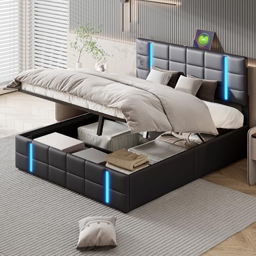Cama de almacenamiento hidráulico de 160 x 200 cm, cama doble con LED y cabecero USB, cama funcional con gran espacio de almacenamiento y somier, PU, negro, sin colchón