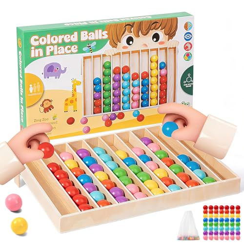 Arnbz 56 PCS Wooden Color Sorting Balls Toy with Storage Box, Puzzle Colorful Ball Sorting Game, Rainbow Sensory Color Matching & Return Game for Kids Ages 3+