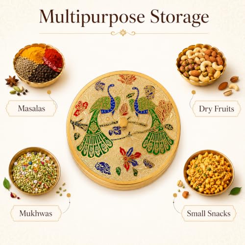 Image of Brass Spice Box with Peacock Lid & Spoon | Handcrafted Round Masala Dabba with 7 Containers | Traditional Brass Masala Box for Kitchen | Masala Dani for Kitchen Stylish