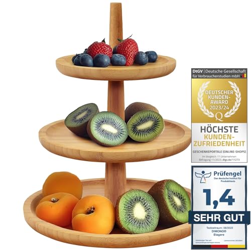 Dimono® Bambus-Etagere Premium Servier-Ständer 3-Etagen; Servier-Tablett für Desserts, Kuchen, Käse, Wurst, Kekse, Nüsse, Süßigkeiten Candy-Bar 3-stöckig (Bambus)
