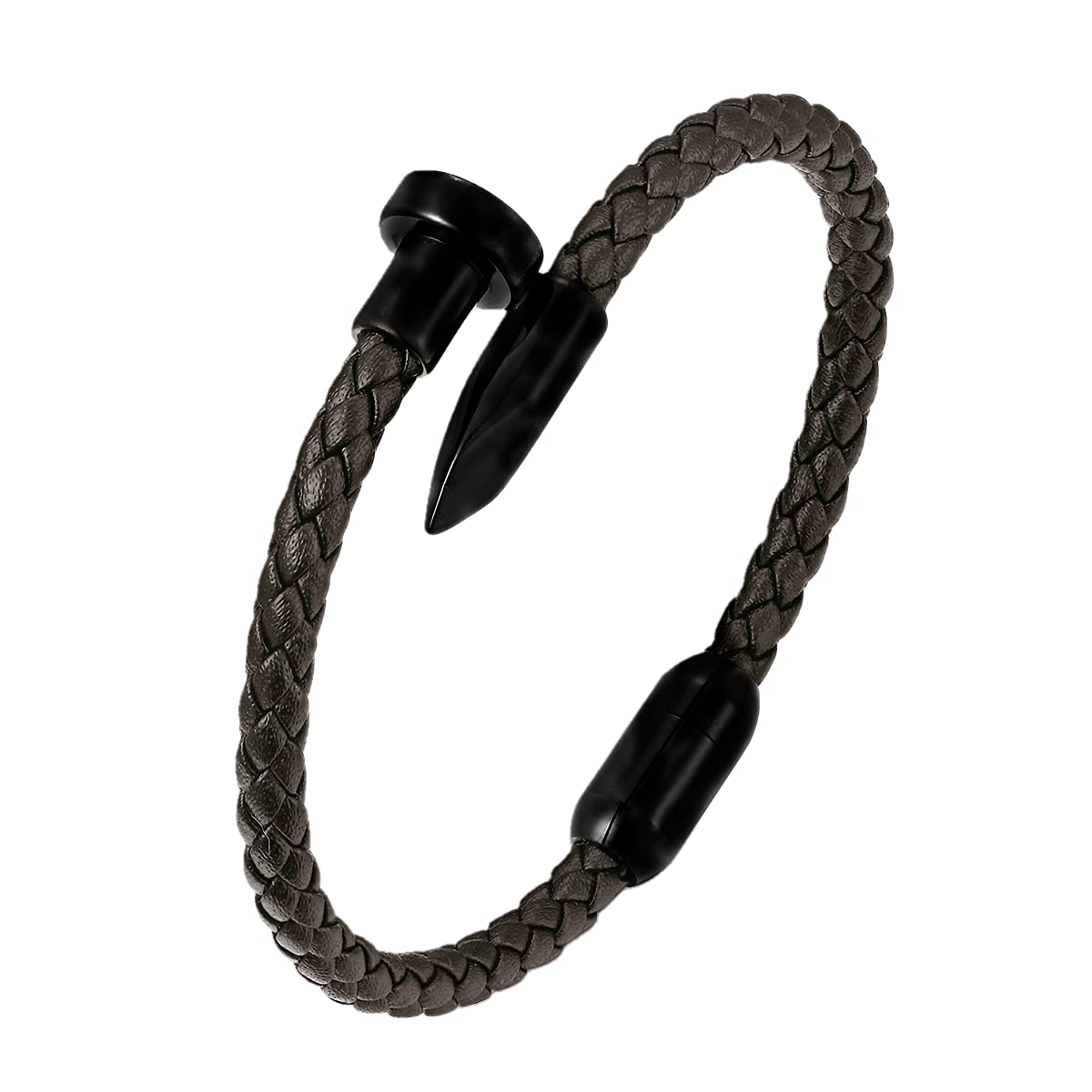 BIYONGDE Men's Braided Leather Bracelet with Black Stainless Steel Nail Ornament, Slim Leather Bangle Bracelet for Men and or Women, Minimalist and Urban Style Unisex