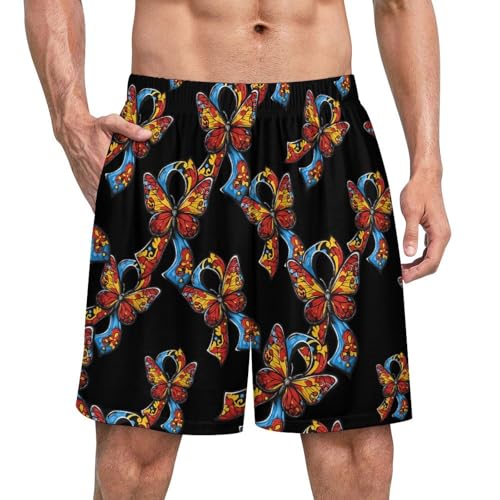 Autism Ribbon Butterfly Men's Pajama Bottoms Lounge Pj Shorts Stretch Sleep Shorts for Home Vacation Beach