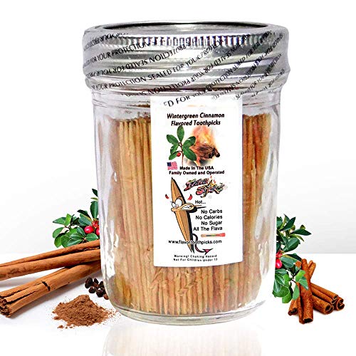 600 Wintergreen Cinnamon Flavor Natural Wooden Toothpicks in Glass Jar with Lid