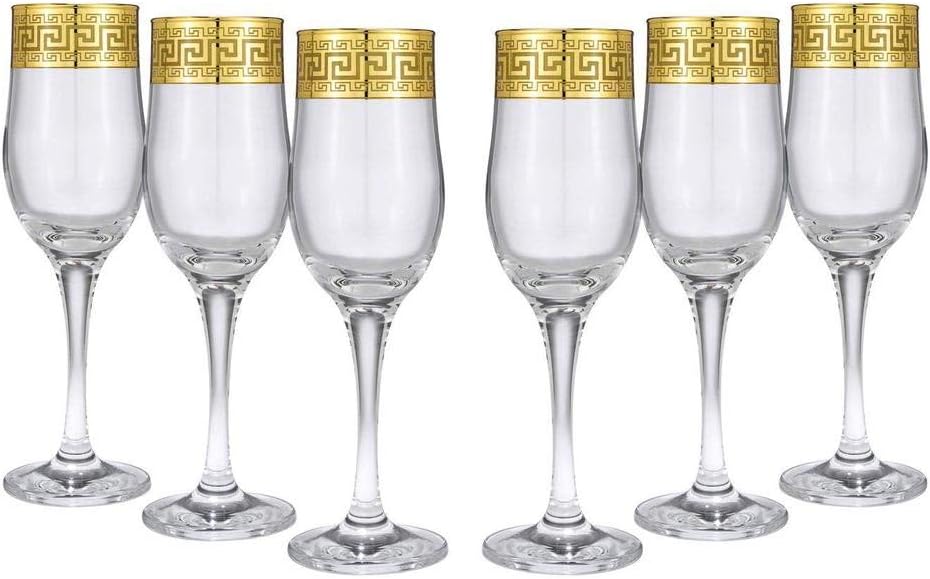 Champagne Flutes - 6 Pc Clear Stem Greek Key Inspired (8 oz)- Vintage Style Gold Rimmed - Perfect Glassware for Wine, Cocktails, and Champagne - Unique Gift - Premium Glasses Drinking Set