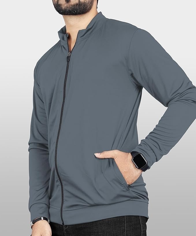 Image of Casual Jackets For Men's Solid Wind Cheater Jacket With Zipper Ribbed Waist And Ribbed Wrist Cuffs For Perfect Fit Casual And Sports Jacket