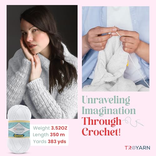 Image of TROYARN Summer (4- Skeins Pack) Silk Effect Hand Knitting Yarn Crochet Art Lace Craft 100% Microfiber Acrylic 4x100 gr (4x383 yds) (105055 - White)