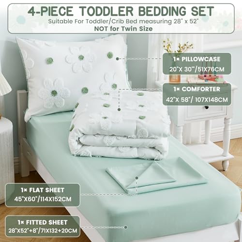 Image of Toddler Bedding Set for Girls 4-Piece Sage Green Boho Tufted Daisy Flowers Toddler Comforter Set Bed-in-a-Bag Toddler Sheets Bedroom Set with Toddler Comforter, Flat Sheet, Fitted Sheet, Pillowcase