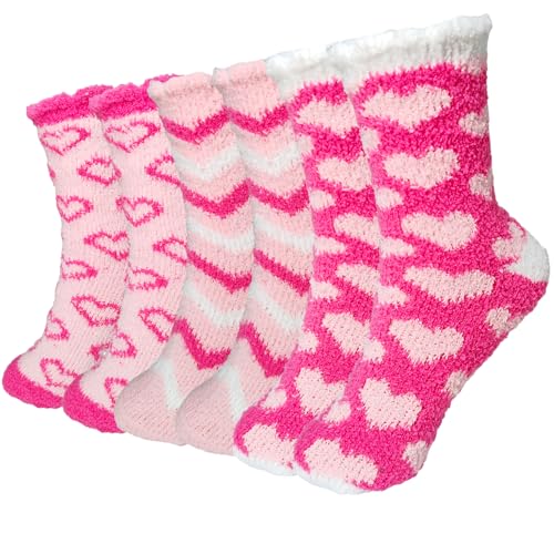 Image of Chiclinco 6 Pairs Heart Fuzzy Socks Cozy Winter Warm Socks Thick Fluffy Slipper Socks for Women Teen Girls