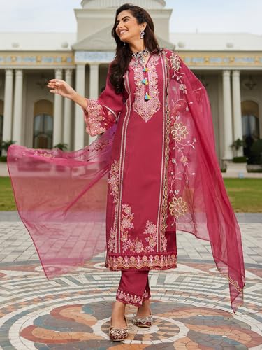 Image of INDO ERA Women's Silk Blend Embroidered Straight Kurta Pant with Dupatta (Ieout6967)
