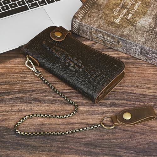 Genuine Crazy Horse Leather Travel Gift Coin Pocket Card Case Long Organizer Chain Rfid Wallet Purse With Snap For Men Male 1088 (1088 Dark Brown-Crocodile)4