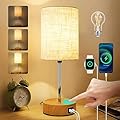 Bpmart Bedside Table Lamp for Bedroom with USB Port - Touch Small Lamp Wood 3 Way Dimmable Nightstand Lamp with Round Flaxen Fabric Shade for Living Room, Dorm, Home Office (LED Bulb Included)