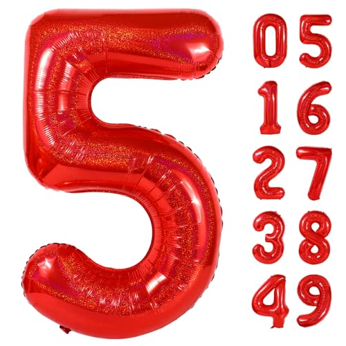 Image of Laser Red 5 Balloon, Number Balloons 40 Inch, 5th Birthday Balloon Decorations, Laser Red Party Supplies, 5 Number Balloons, Number 5 Balloon