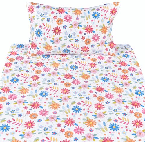 Image of Scientific Sleep Kids Hand Sketch Flower Leaves Pastoral Garden Cute 100% Cotton 3 Pcs Twin Bed Sheet Set Kids Girls Teen, Flat Sheet & Fitted Sheet & Pillowcase Girls Room Decro Bedding Set