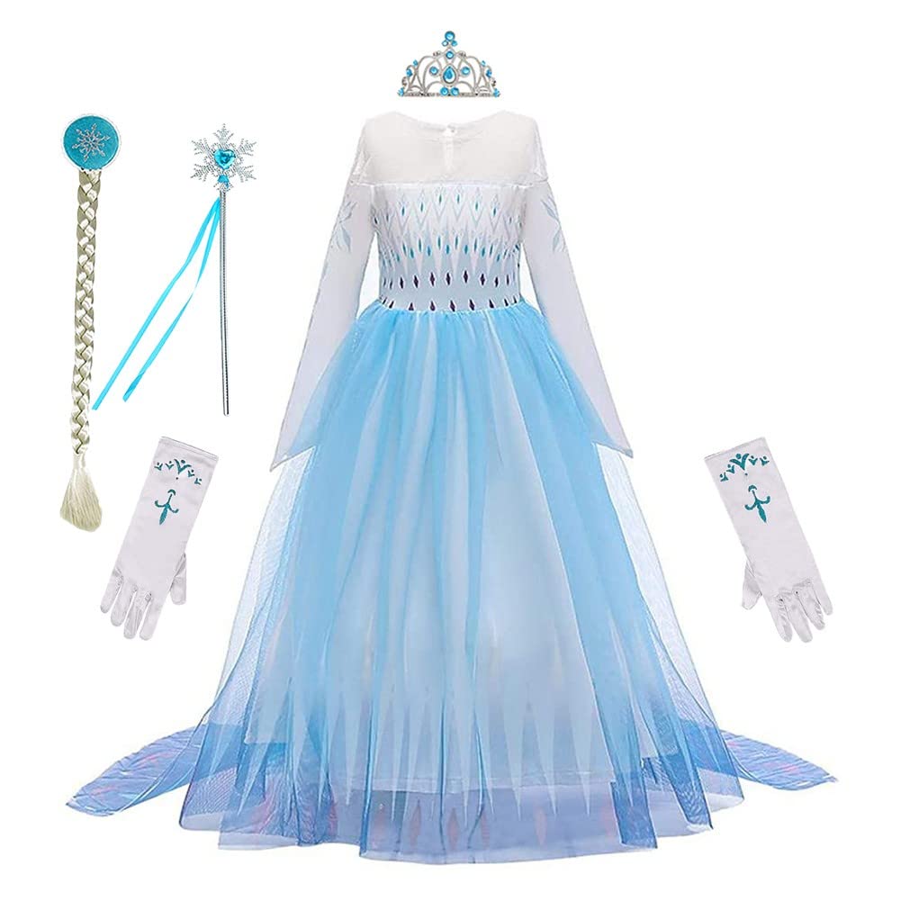 REXREII Little Girls Princess Dress Frozen Elsa Costume Halloween Cosplay Christmas Birthday Party Gown w/Accessories