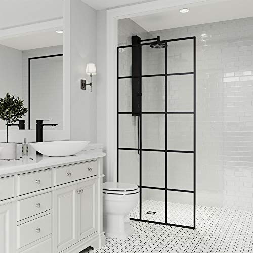 Vigo Zenith Fixed Glass Shower Wall Panels | Framed Mosaic Grid Tempered Shower Glass Panel For Walk-In Bathroom (1" L X 34.125" W X 74" H) | Clear Glass Shower Panel With Matte Black Hardware Finish #TOP4