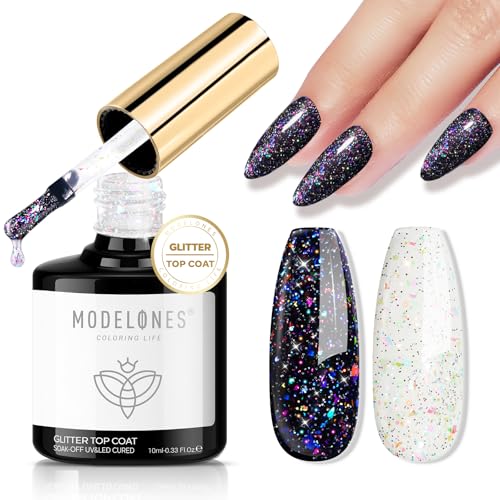 Image of modelones Glitter Gel Nail Polish Top Coat, Rainbow Confetti Gel Top Coat with Scattered Sparkle Shimmer Sequins, Soak Off Long Lasting High Glossy Finish Home Salon DIY Manicure Nail Art