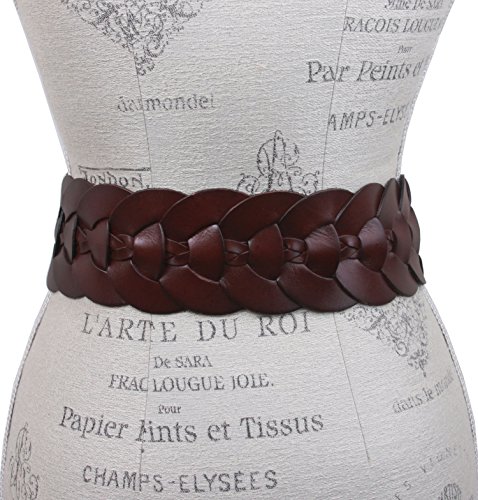 Ladies 3" (75 mm) Wide High Waist Round Disk Linked Braided Cowhide Top Full Grain Leather Belt3