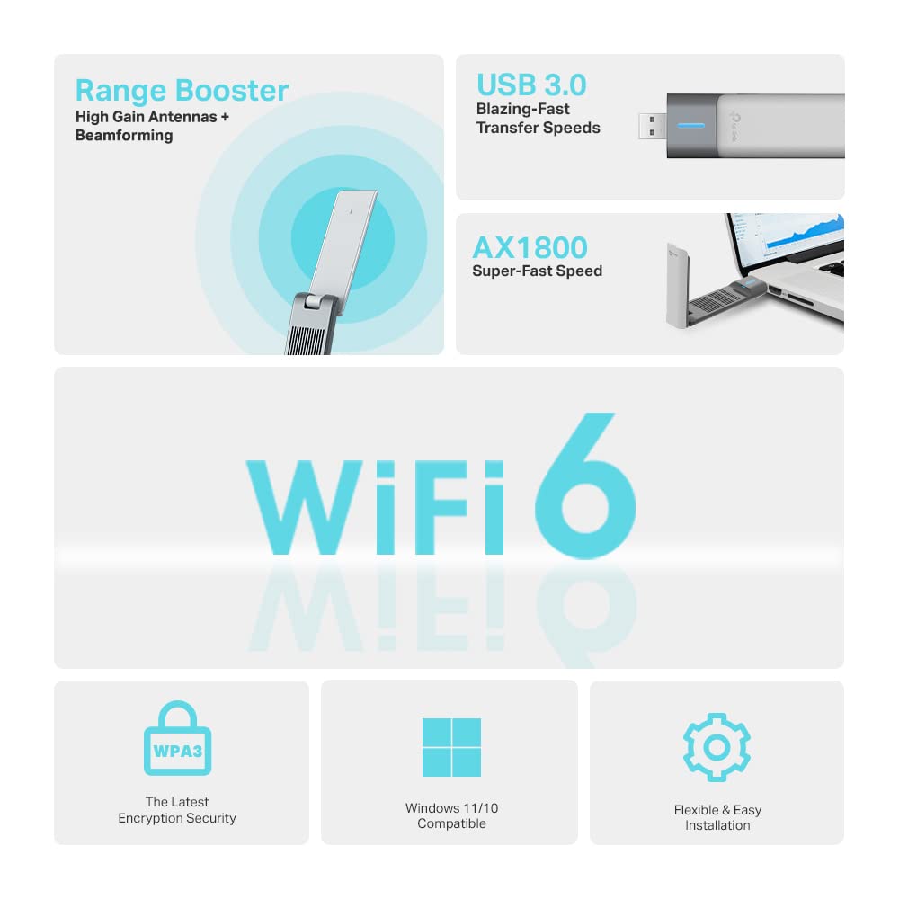 TP-Link AX1800 Adapter USB Wi-Fi 6 do PC (Archer TX20UH) – bezprzewodowy adapter USB o wysokim wzmocnieniu do komputera stacjonarnego z 2,4 GHz, dwupasmową anteną 5 GHz, WPA3, obsługuje Windows 11/10