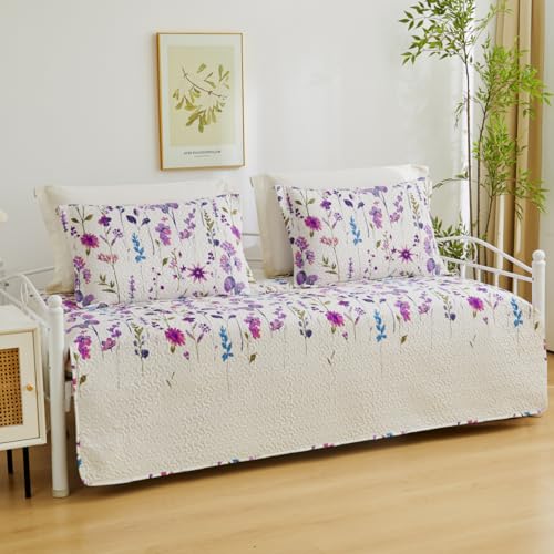 Image of Jarson 3 Pcs Floral Daybed Cover Set Twin Size Purple White Lilac Flower Sofa Cover Bedding Sets Double Side Bed Set for All Season Botanical Pattern Daybed Quilt Set with Pillow Shams