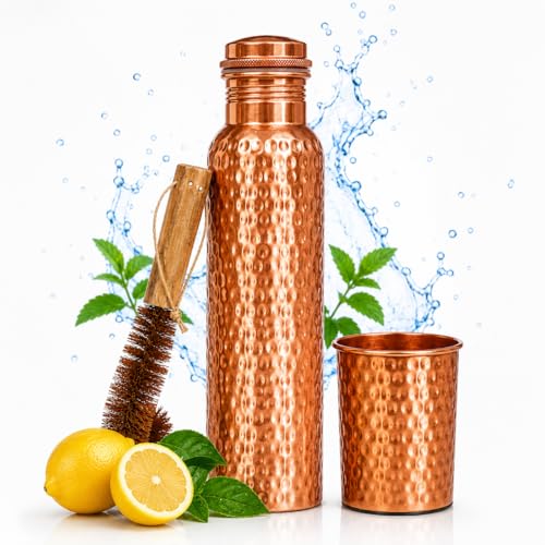 Image of 100% Pure Copper Water bottle 32 Oz with Cleaning brush,Hammered design | Drink More Water, Lower Your Sugar Intake And Enjoy the Health Benefits Immediately(1Brush +1Bottle+ 1 Glass)