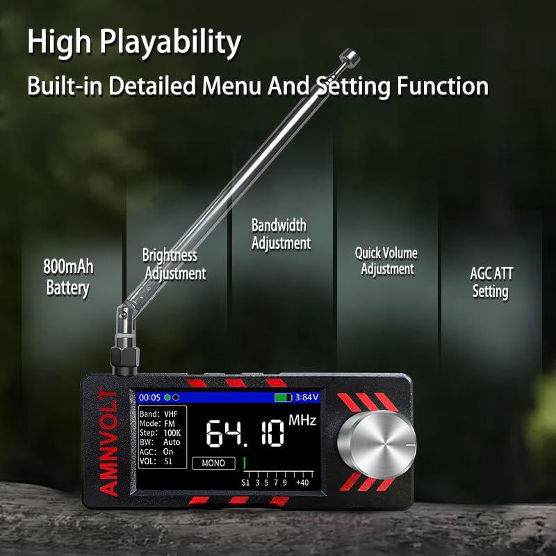 Radio screen showing menu options for brightness, bandwidth, volume, and AGC ATT settings