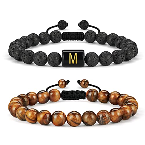 Luxejew Initial Beaded Bracelets For Men, 8Mm Tiger Eye Lava Rock Stone Handmade Mens Jewelry Adjustable Beads Bracelets Meaningful Letter Mens Bracelet Gifts For Birthday (M) #TOP28