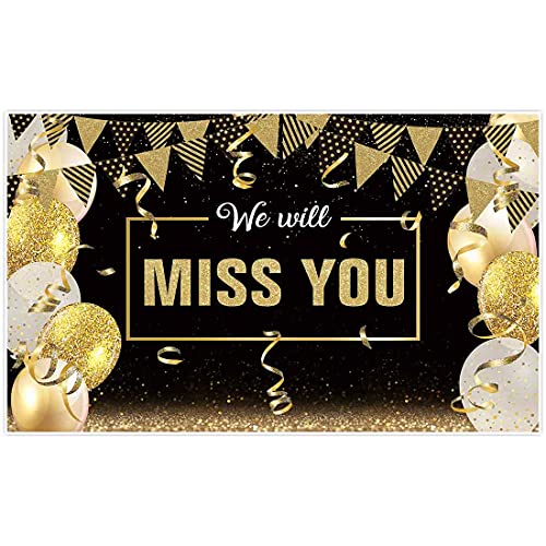 Allenjoy 5x3ft We Will Miss You Backdrop for Black and Gold Going Away Friends Moving Farewell Anniversary Retirement Graduation Office Send Off Party Supplies Decoration Banner Background Photo Booth