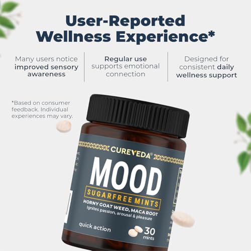 Image of Cureveda Mood Mints for Him & Her | Herbal Mint Tablets for Mood Balance, Energy & Daily Wellness | Horny Goat Weed & Maca | Minty Fresh | Fast-Dissolving Tablets | 30 Mints
