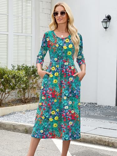 Image of Heymoments Women's Casual 3 /4 Sleeve Midi Dress Crewneck A Line Tiered Flowy Loose Travel Long Dresses with Pockets