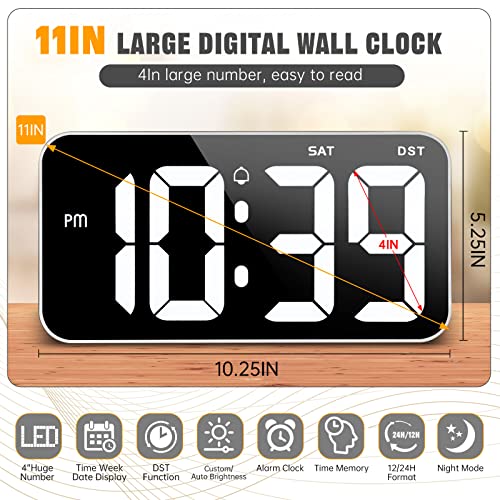 Nesifee Digital Wall Clock, 11 Inch Large Display Clocks With Usb Charge(Adapter Included), Dst, 12/24H, Auto-Dimming, Led Wall Clock & Desk Clock For Office Living Room Bedroom Decor - White #TOP1