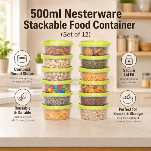 Image of Cutting EDGE Nesterware 500ml Stackable Food Container (Set of 12, Green) | BPA-free plastic, stackable design, leak-proof, kitchen storage, pantry, fridge, meal prep, reusable, travel use
