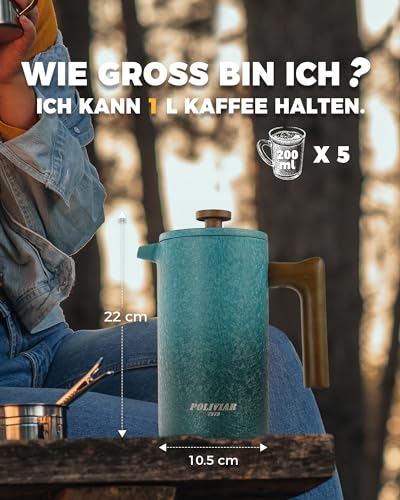 Poliviar French Press aus Edelstahl, Thermo Kaffeebereiter Doppelwandig isoliert, Kaffeebereiter 1 Liter, Handfilter Kaffeepresse mit Plunger & Griff aus Holz, Coffee Press 6