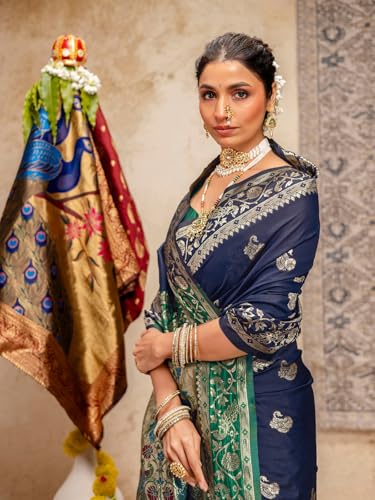Image of SIRIL Women's Paithani jacquard Silk Saree |Chandrakor Paithani jacquard Saree With Unstitched Blouse Piece