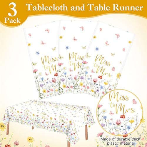 Image of Ganeen 3 Pcs Miss to Mrs Tablecloths Disposable Plastic Bridal Shower Table Cloths Gold Floral Rectangle Table Cover Waterproof for Wedding Bridal Shower Engagement Party Decorations, 54 x 108 Inch