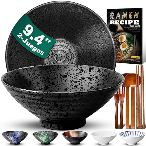 9.4 Pulgadas Juego De 2 Tazones De Cerámica Para Ramen De(9 Piezas) - Tazones Grandes De Porcelana Para Ensaladas Fideos Cereales Con Recetas Palillos Tenedores Y Cucharas Para Apto Para Lavavajillas