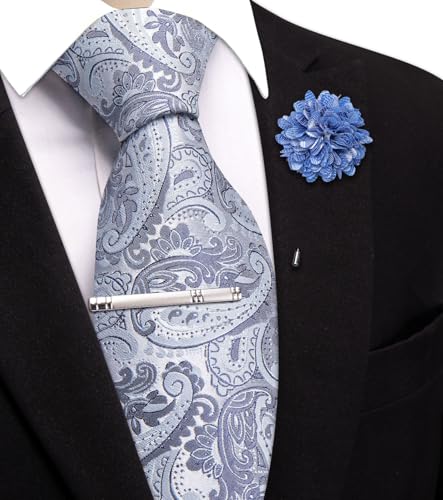 Image of Hi-Tie 63 inches Striped Paisley Extra Long Ties for Men Silk Necktie with Lapel Pin Tie Clip Big and Tall Men Formal Wedding