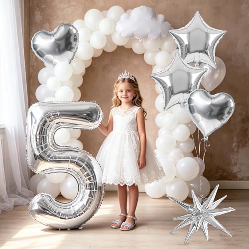 Image of TONIFUL 5th Birthday Balloons Kit 40Inch Silver Large Number 5 Foil Balloon