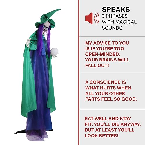 Haunted Hill Farm Talking Fortune Teller Witch Halloween Animatronic with Movement and Light-Up Crystal Ball for Scary Indoor or Covered Outdoor Halloween Decorations, Battery Operated Halloween Props