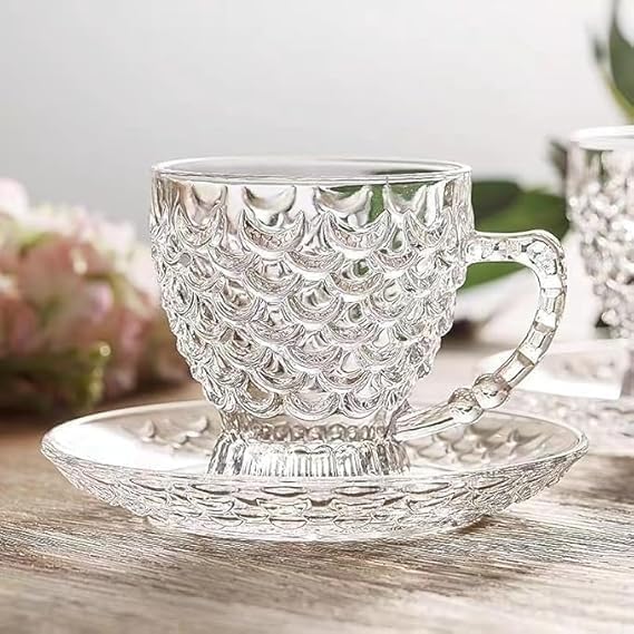 Image of Premium Classic Glass Tea Cup and Saucer - 180 ML, for Coffee, Green Tea, Herbal Tea, Lemon Tea More (6 Cup and 6 Saucer Set)