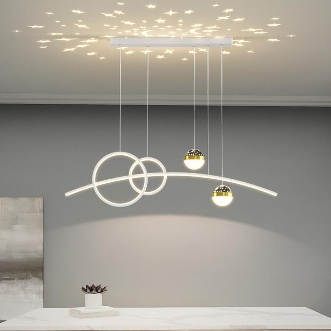 Modern Ring Pendelleuchte LED Esstisch Dimmbar Hängeleuchte Esszimmer Stern-Deko Kreativ Weiß Metall Design Lampe Büro Beleuchtung mit Fernbedienung Kronleuchter für Wohnzimmer Studie Küche, D100cm