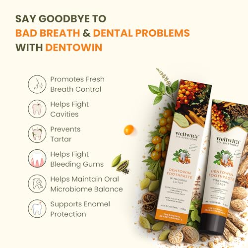 Image of Wellwith(Ayuzera) DentoWin (100g, Pack of 2) Herbal Gum Care Toothpaste with Himalayan Sea Buckthorn Berry, Tulsi & Neem, Teeth Whitening - Natural Formula, No Fluoride
