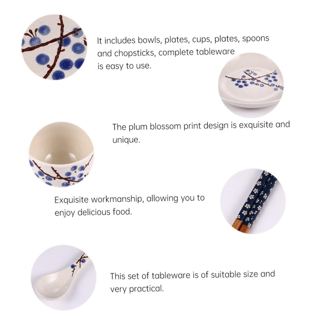 COLLBATH Ensemble D'assiettes Japonerie en Céramique 6 Pièces Personne Bol, Tasse, Cuillère et Baguettes en Bois, Vaisselle Pratique et Design Fleur de Prunier Bleu