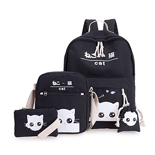 Espeedy 4 Piezas Set Moda Coreano Mujeres Mochila Lienzo Precioso Gato Estampado de Dibujos
