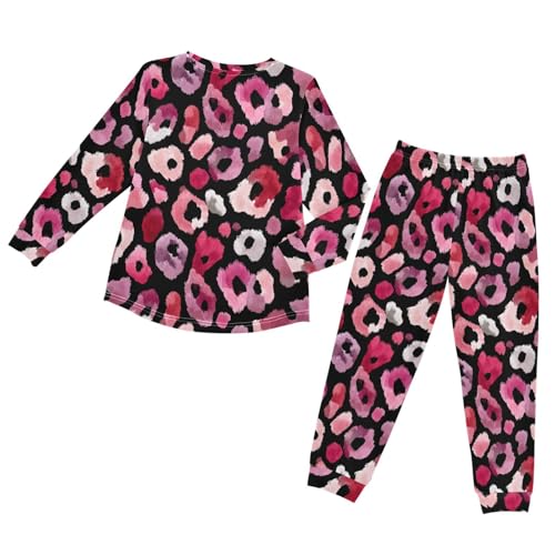 Pink Leopard Print Wildlife Soft Pajama Set for All Seasons,Breathable Pjs Long Sleeve Sleepwear,Comfy Loungewear 2 Piece Underwear Set 6T2