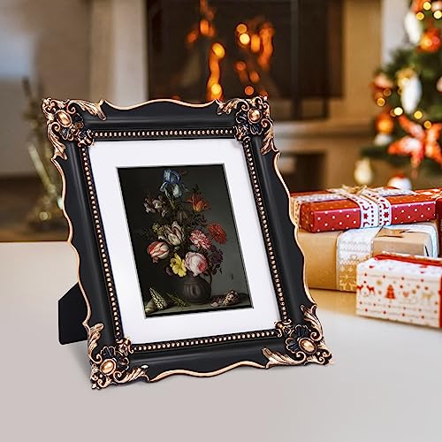 Image of Saysmile 8x10 Vintage Picture Frame with Embossed Flower Design, Black Ornate Frame for 8x10 or 5x7 Pictures with White Mat, Hand-Crafted Resin Antique Frames for Tabletop & Wall Hanging, Home Decor (Black)