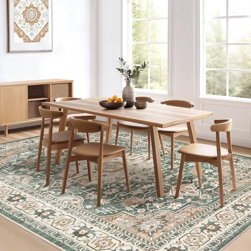 7x9 Area Rug Living Room: Machine Washable Boho Large Vintage Soft Rugs Stain Resistant Farmhouse Oriental Non Slip Indoor Floor Carpet for Bedroom Nursery Kids Playroom Office Dining Room- Green