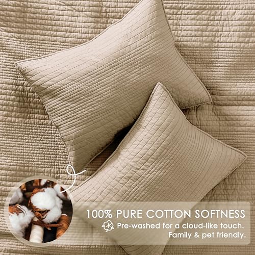 Image of palassio Striped Dark Beige 100% Cotton Quilt Queen Size Bedding Sets, Lightweight Crinkly Channel Pick Stitch Textured Bedspread Soft Shabby Chic Farmhouse Country Coverlet for All Season, 2 Shams