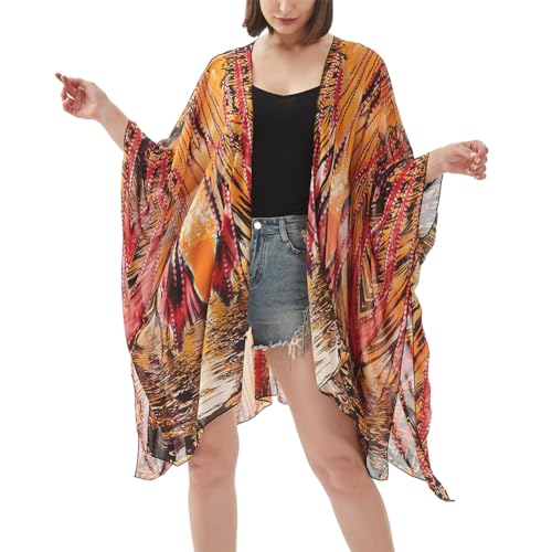 La Mejor review de Cortinas de poliester para baño Top cinco. 37 Traje de baño bohemio de gasa floral para mujer, para cubrir la playa, kimono de verano, Cortinas con abalorio rojo-amarillo, One Size Plus