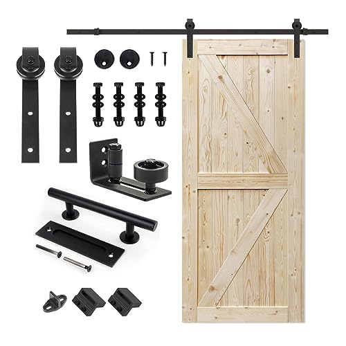 Image of S&Z TOPHAND 36in x 96in Unfinished British Brace Knotty Barn Door with Sliding Door Hardware Kit /Solid Wood /Sliding /Double Surfaces /A Simple Assembly is Required