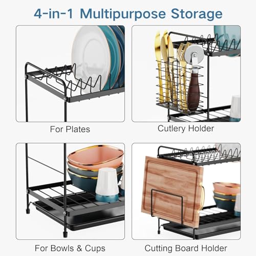 iSPECLE 2 Tier Dish Drainer Rack - Small Dish Drying Rack with Drip Tray, Space-Saving Draining Board Rack with Utensil Cutting & Board Holder for Kitchen Worktop, Black - Image 4
